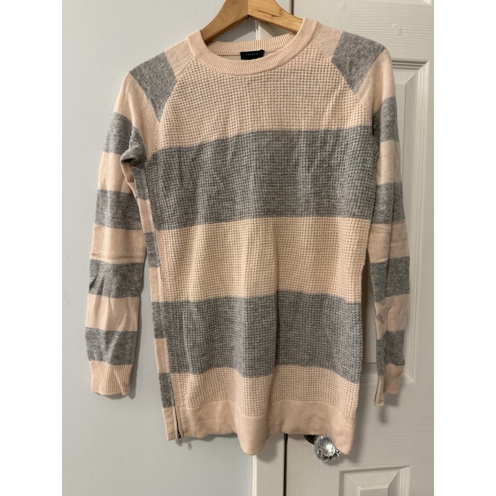 Theory 100% Cashmere Sweater Sz XS Petite Dariella Lofty Stripe Waffle‎ Side Zip